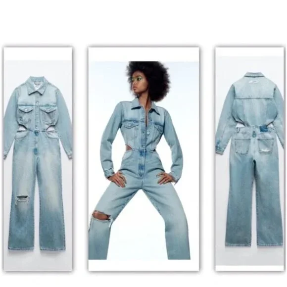 BLOGGERS FAV ZARA LIMITED EDITION CUT OUT SIDE DISTRESSED DENIM JUMPSUIT Size L - Picture 2 of 15